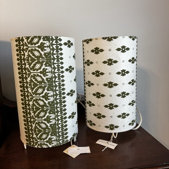 Ten Thousand Villages Silk Paper & Metal Lamp Set, Bangladesh, Avocado Green NOS - Picture 1 of 12